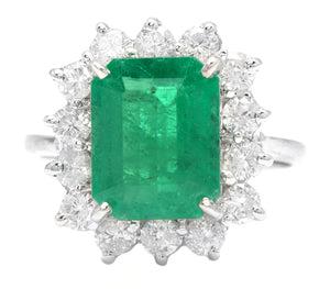 5.15 Carats Natural Emerald and Diamond 14K Solid White Gold Ring