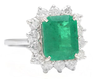5.15 Carats Natural Emerald and Diamond 14K Solid White Gold Ring