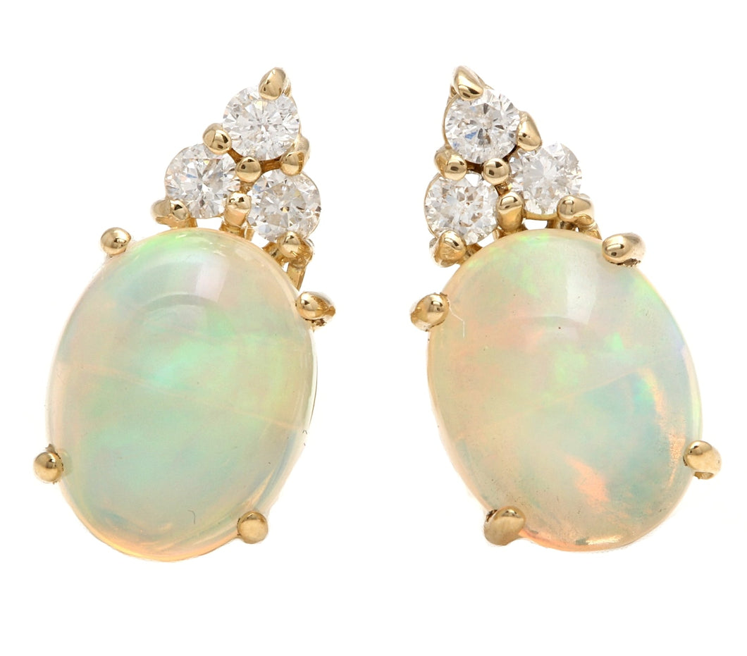 2.80 Carats Natural Opal and Diamond 14K Solid Yellow Gold Stud Earrings