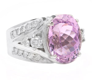 13.30 Carats Natural Kunzite and Diamond 14K Solid White Gold Ring