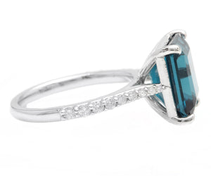 7.90 Carats Natural Impressive London Blue Topaz and Diamond 14K White Gold Ring