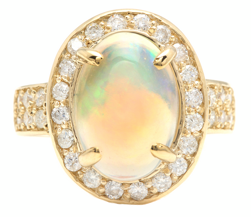 6.00 Carats Natural Impressive Ethiopian Opal and Diamond 14K Solid Yellow Gold Ring