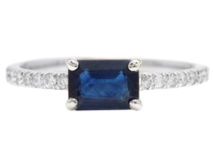 1.30Ct Natural Blue Sapphire and Diamond 14K Solid White Gold Ring