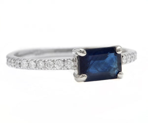 1.30Ct Natural Blue Sapphire and Diamond 14K Solid White Gold Ring