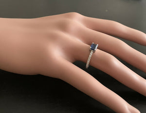 1.30Ct Natural Blue Sapphire and Diamond 14K Solid White Gold Ring