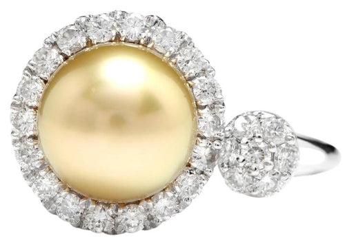 Splendid Natural South Sea Pearl and Diamond 14K Solid White Gold Ring