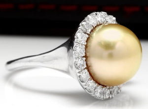 Splendid Natural South Sea Pearl and Diamond 14K Solid White Gold Ring