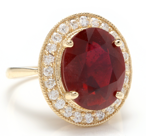 11.75 Carats Impressive Natural Red Ruby and Diamond 14K Yellow Gold Ring