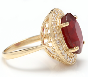 11.75 Carats Impressive Natural Red Ruby and Diamond 14K Yellow Gold Ring