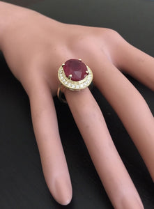 11.75 Carats Impressive Natural Red Ruby and Diamond 14K Yellow Gold Ring