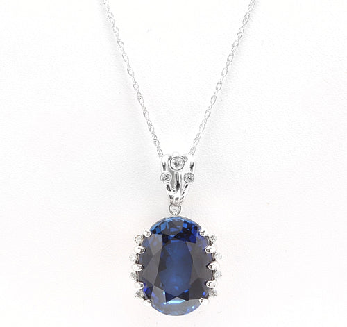 13.20Ct Lab Created Sapphire and Diamond 14K Solid White Gold Necklace