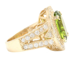 7.60 Carats Impressive Natural Peridot and Diamond 14K Yellow Gold Ring