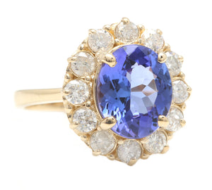 4.15 Carats Natural Very Nice Looking Tanzanite and Diamond 14K Solid Yellow Gold Ring