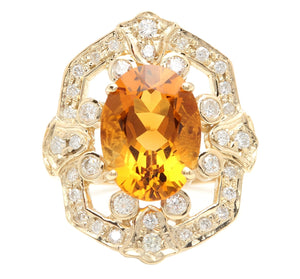 7.10 Carats Exquisite Natural Citrine and Diamond 14K Solid Yellow Gold Ring