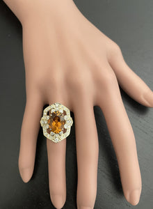 7.10 Carats Exquisite Natural Citrine and Diamond 14K Solid Yellow Gold Ring