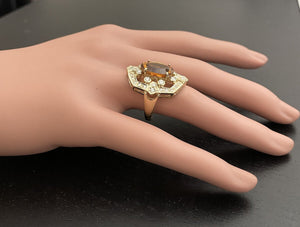 7.10 Carats Exquisite Natural Citrine and Diamond 14K Solid Yellow Gold Ring