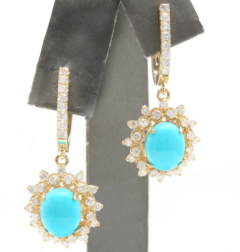 5.80 Carats Natural Turquoise and Diamond 14K Solid Yellow Gold Earrings
