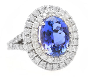 7.00 Carats Natural Very Nice Looking Tanzanite and Diamond 14K Solid White Gold Ring