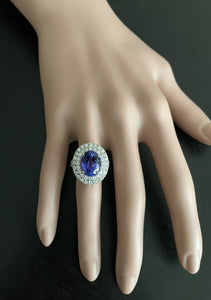 7.00 Carats Natural Very Nice Looking Tanzanite and Diamond 14K Solid White Gold Ring