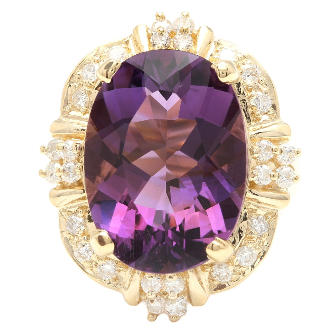 12.75 Carats Natural Amethyst and Diamond 14K Solid Yellow Gold Ring