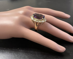 12.75 Carats Natural Amethyst and Diamond 14K Solid Yellow Gold Ring