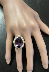 12.75 Carats Natural Amethyst and Diamond 14K Solid Yellow Gold Ring