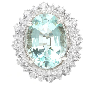 11.10 Carats Exquisite Natural Aquamarine and Diamond 14K Solid White Gold Ring