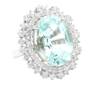 11.10 Carats Exquisite Natural Aquamarine and Diamond 14K Solid White Gold Ring