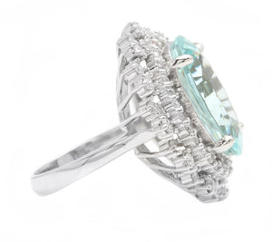 11.10 Carats Exquisite Natural Aquamarine and Diamond 14K Solid White Gold Ring
