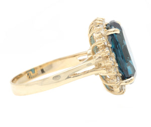 9.75 Carats Natural Impressive London Blue Topaz and Diamond 14K Yellow Gold Ring