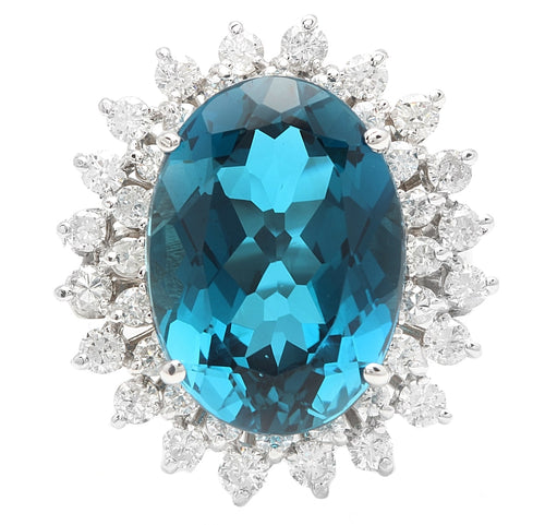 14.80 Carats Impressive Natural London Blue Topaz and Diamond 14K Solid White Gold Ring