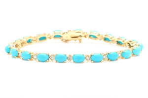 Very Impressive 11.60 Carats Natural Turquoise & Diamond 14K Solid Yellow Gold Bracelet
