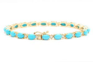 Very Impressive 11.60 Carats Natural Turquoise & Diamond 14K Solid Yellow Gold Bracelet