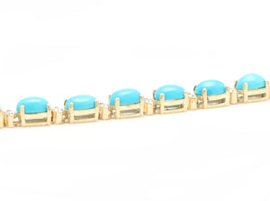 Very Impressive 11.60 Carats Natural Turquoise & Diamond 14K Solid Yellow Gold Bracelet
