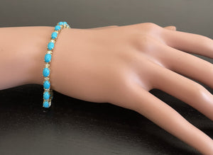 Very Impressive 11.60 Carats Natural Turquoise & Diamond 14K Solid Yellow Gold Bracelet