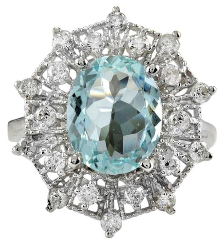 3.80 Carats Natural Aquamarine and Diamond 14K Solid White Gold Ring