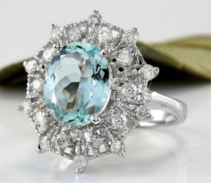 3.80 Carats Natural Aquamarine and Diamond 14K Solid White Gold Ring