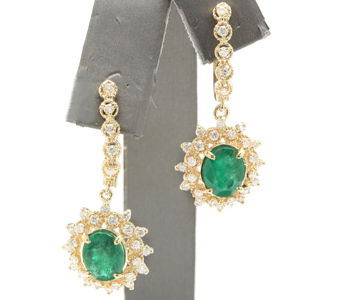 5.20 Carats Natural Emerald and Diamond 14K Solid Yellow Gold Earrings