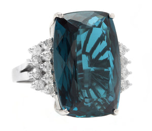 31.40 Carats Natural London Blue Topaz and Diamond 14k Solid White Gold Ring