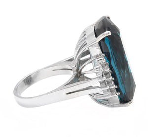 31.40 Carats Natural London Blue Topaz and Diamond 14k Solid White Gold Ring