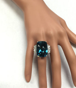 31.40 Carats Natural London Blue Topaz and Diamond 14k Solid White Gold Ring