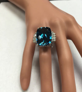 31.40 Carats Natural London Blue Topaz and Diamond 14k Solid White Gold Ring