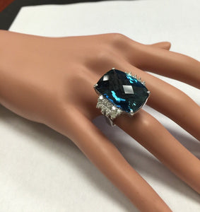 31.40 Carats Natural London Blue Topaz and Diamond 14k Solid White Gold Ring