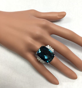 31.40 Carats Natural London Blue Topaz and Diamond 14k Solid White Gold Ring