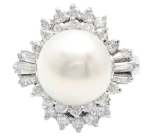 Load image into Gallery viewer, Splendid Natural 13mm Cultured Pearl and Diamond 14K Solid White Gold Ring