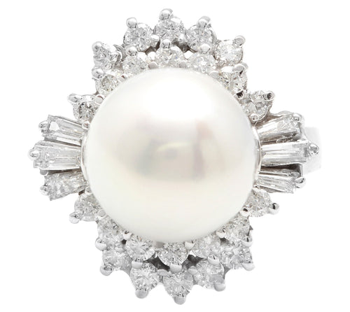 Splendid Natural 13mm Cultured Pearl and Diamond 14K Solid White Gold Ring
