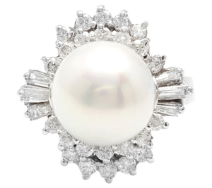 Splendid Natural 13mm Cultured Pearl and Diamond 14K Solid White Gold Ring