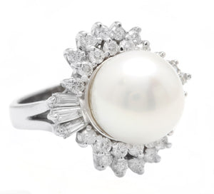 Splendid Natural 13mm Cultured Pearl and Diamond 14K Solid White Gold Ring