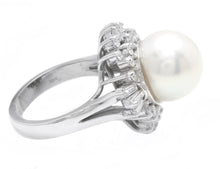 Load image into Gallery viewer, Splendid Natural 13mm Cultured Pearl and Diamond 14K Solid White Gold Ring