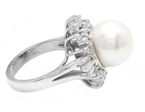 Splendid Natural 13mm Cultured Pearl and Diamond 14K Solid White Gold Ring